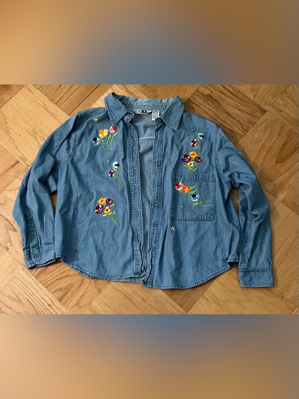 Vintage Denim Shirt with Floral Embroidery and Rhinestones Size WP 1X